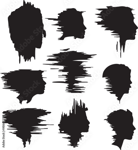 Silhouette Portraits: Abstract Black Faces with Brushstroke Effect