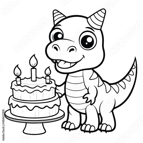 Cute Baby Dragon Birthday Cake  Coloring Page
