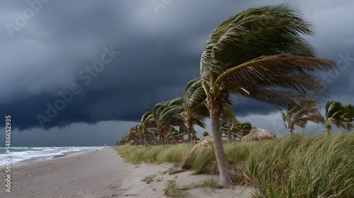 Beach palm trees bent horizontally by hurricane-force winds illustrate nature’s resilient landscapes enduring fierce storms