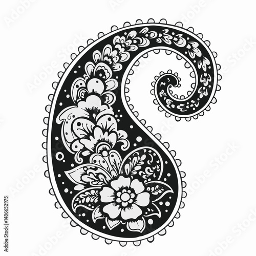 Black and white paisley design. Detailed floral and swirling patterns fill the teardrop shape. Small dots outline the paisley form.