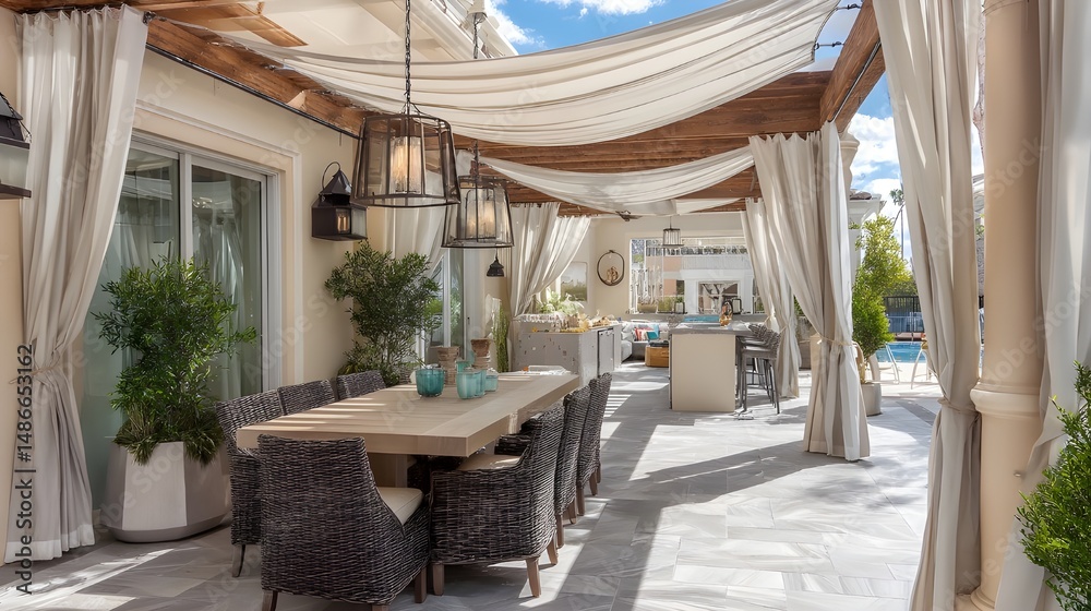 Fototapeta premium Enhance Outdoor Living with a Terrace Canopy Featuring Canvas Side Panels and Durable Porch Decking
