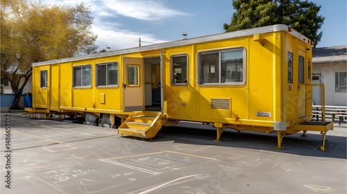 Step Into a Sunflower Yellow Classroom Trailer Illuminated by Natural Light Inspiring Creative Learning Environments