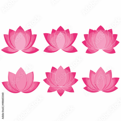 Six pink lotus flower illustrations, different styles, isolated on a white background. Simple, elegant, and symmetrical.