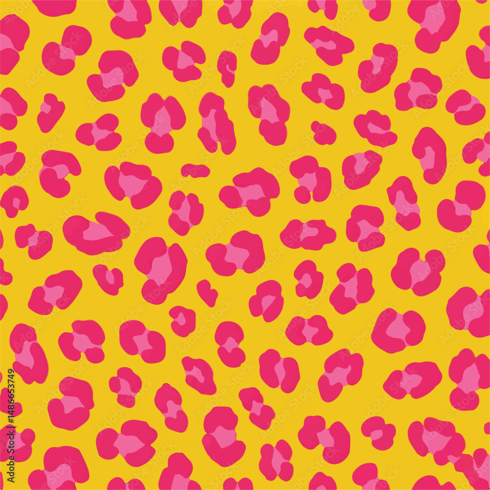A vibrant leopard print pattern. The background is bright gold with hot pink leopard spots of varying sizes scattered throughout. A vibrant leopard print pattern. The background is bright gold with hot pink leopard spots of varying sizes scattered throughout.