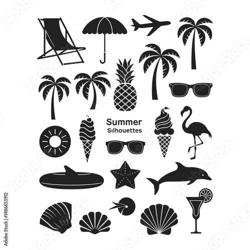 A set of summer holiday beach elements silhouettes.