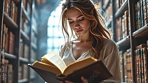 unrecognizable woman with flowing hair, gracefully turning the pages of an ancient book, surrounded by towering wooden shelves filled with leather bound volumes