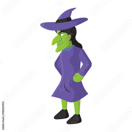 Cartoon green witch standing. Vector