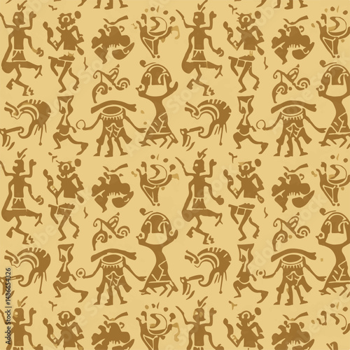 Seamless pattern featuring stylized human figures and abstract shapes in brown tones, reminiscent of ancient art or tribal designs. Textured background.