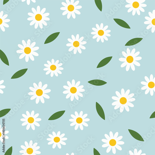 Seamless pattern with white daisies and green leaves scattered on a light blue background. Simple, clean, and cheerful design.