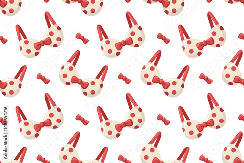 Seamless pattern with cartoon polka dot bras and red bows. Cartoon style. Funny and cute lingerie vector background