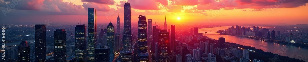 Fototapeta premium Sleek modern skyscrapers dominate the cityscape at sunset, reflecting the vibrant energy of a bustling financial district Perfect for corporate, finance, and city backgrounds , corporate, wealth