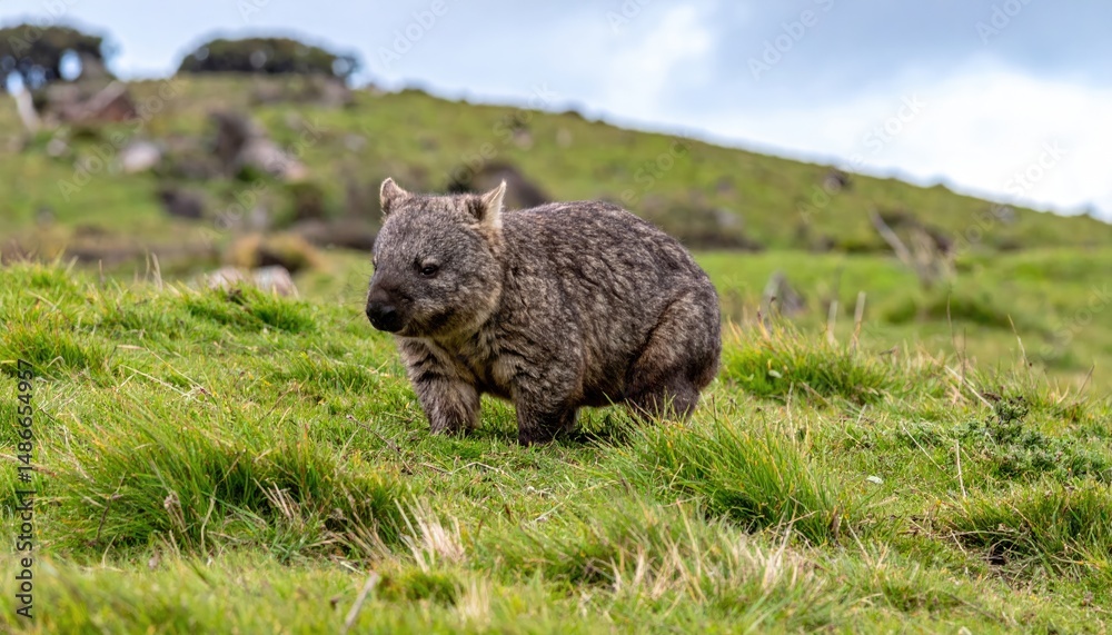 Naklejka premium Wombat in Green Landscape: A close-up shot captures a cute, compact wombat walking gracefully on a grassy hillside, displaying the wonders of Australian wildlife in its natural environment.