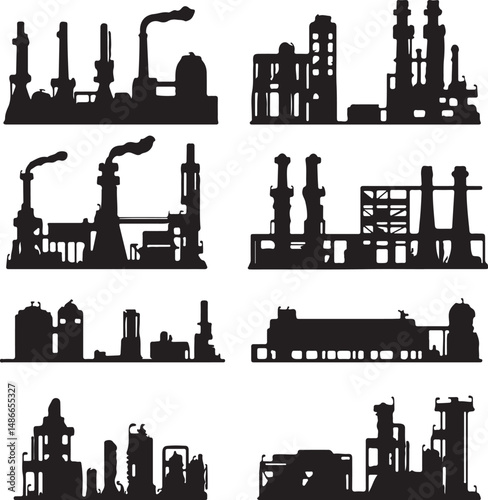 Factory Silhouettes: Industrial Buildings, Black and White Vector Art