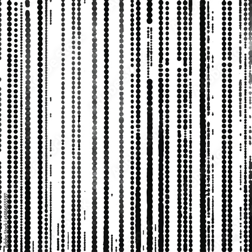 Abstract black and white image featuring vertical rows of dots. Dot size and spacing vary, creating a textured and patterned effect reminiscent of strings or digital rain.