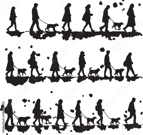 Silhouettes of People Walking Dogs on Leashes, Black and White Art