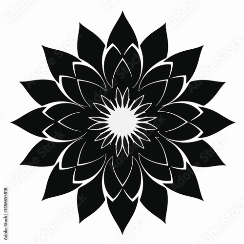 Intricate black flower or blossom design with layered petals and a white center. Abstract and symmetrical.