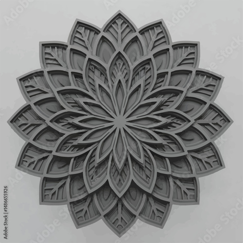 Intricate layered grey floral design. Circular pattern with repeating leaf-like shapes. Modern and decorative.