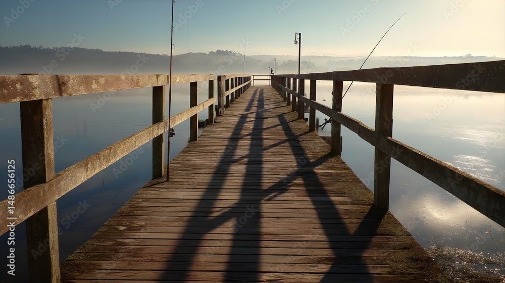 Obraz premium Morning jetty fishing rod setting offers serene angling spot with sunrise reflections over calm sea