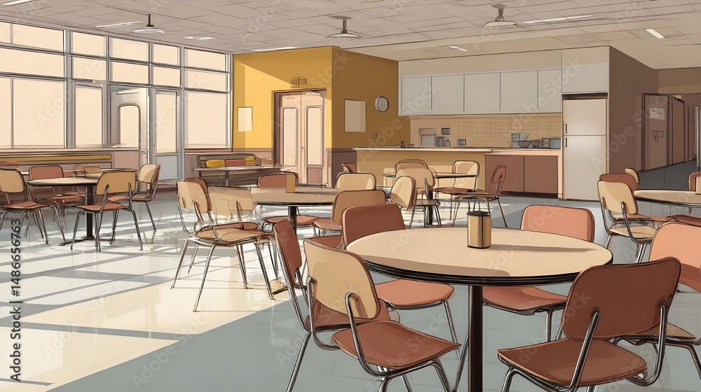 School cafeteria section with clean tables chairs creates hygienic dining environment promoting student well being School cafeteria section with clean tables chairs creates hygienic dining environment promoting student well being