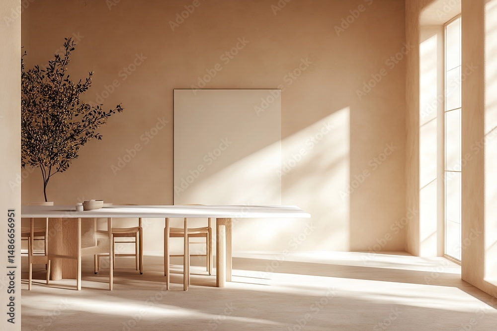 Fototapeta premium Spacious, neutral-toned dining area with natural light.
