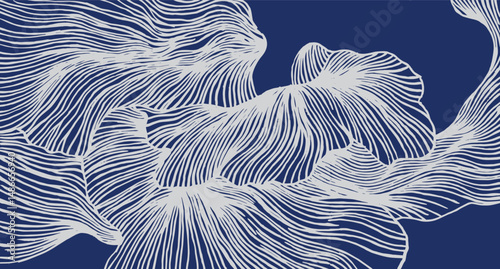 Hand drawn brush lines abstract distorted floral pattern, Japanese and ethnic wood carving, block print, texture background in white and blue, simple plant graphic for carpet, textile, decoration