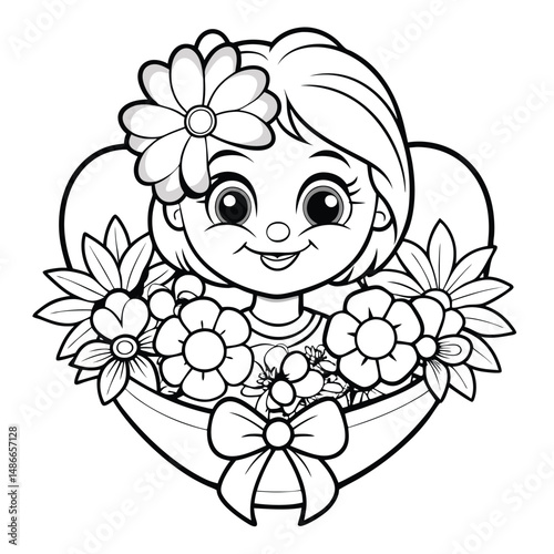 Cute Girl with Flowers Coloring Page: Printable Valentine's Day Heart Coloring Page