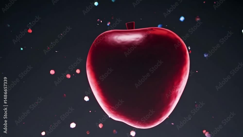 Pomme rouge brillante en lévitation sur fond sombre avec particules colorées

