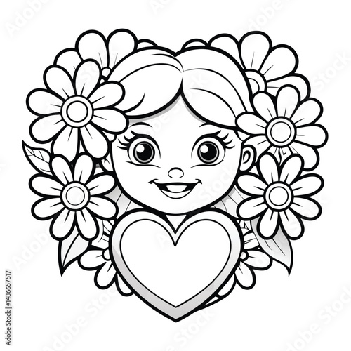 Cute Girl with Flowers and Heart:  Coloring Page