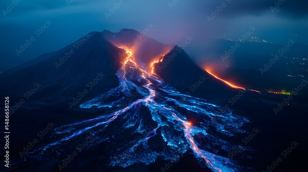 Fototapeta premium Neon blue lava streams flowing down volcanic mountainside illuminate night sky, mesmerizing molten river display