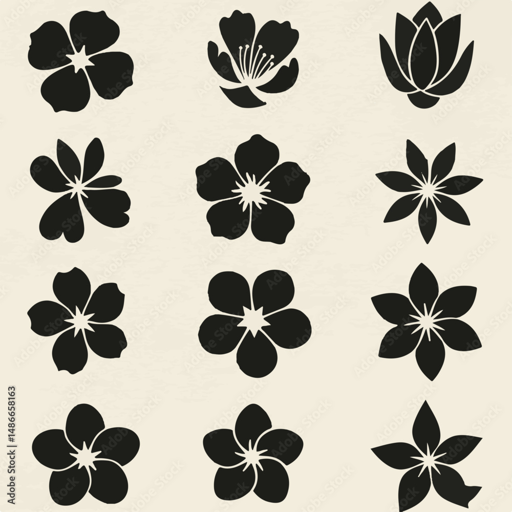 Obraz premium A collection of twelve simple, black flower silhouettes arranged in a grid pattern against a cream background. The flower styles vary.