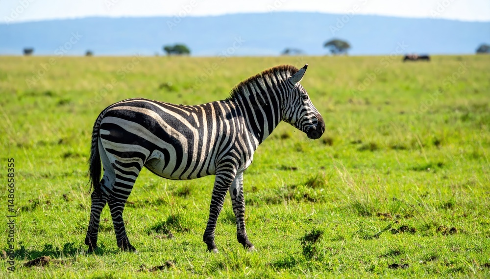 Naklejka premium Zebra on Savanna: A stunning zebra stands proudly on the sun-drenched savanna, its striking black and white stripes creating a mesmerizing contrast against the lush green grass and expansive sky.