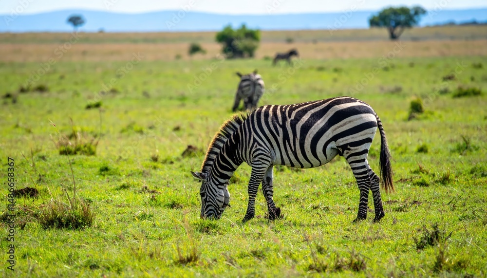 Naklejka premium Zebras in African Savannah: Observe a zebra grazing peacefully in a vast savannah landscape, painted with natural colors, while another one stands watch, in perfect harmony with nature.
