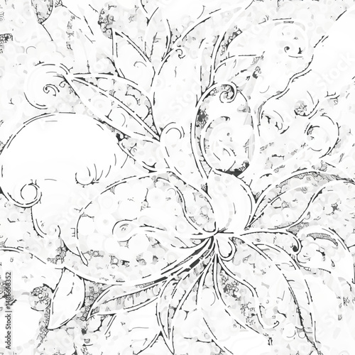 Intricate black and white line art with detailed patterns resembling floral and abstract shapes. Suitable for coloring, a complex and calming design.