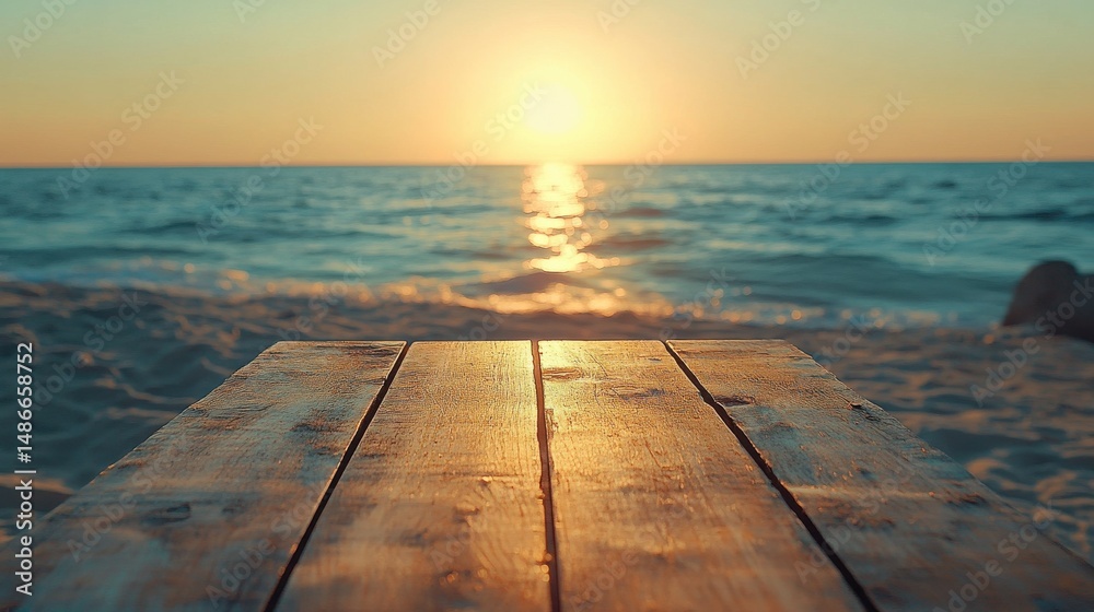 Fototapeta premium Empty wooden table on tropical beach, golden light, calm blue ocean in the backdrop