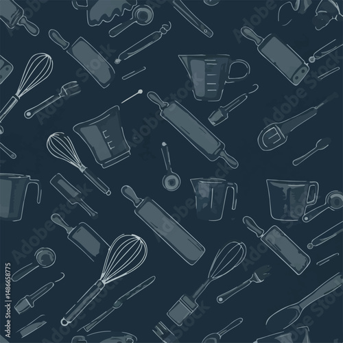 Seamless pattern featuring various baking and cooking utensils. Outlined in white against a textured dark blue background, creating a vintage, hand-drawn look.