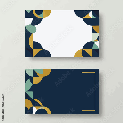 Two rectangular cards with geometric design. The top card has a white center and geometric corners. Bottom card is darker with a gold-bordered empty rectangle.