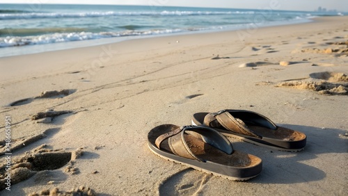 sandals on the beach, flat lay