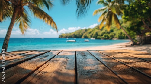 Empty wooden table with tropical beach and palm trees in the background, clear blue water