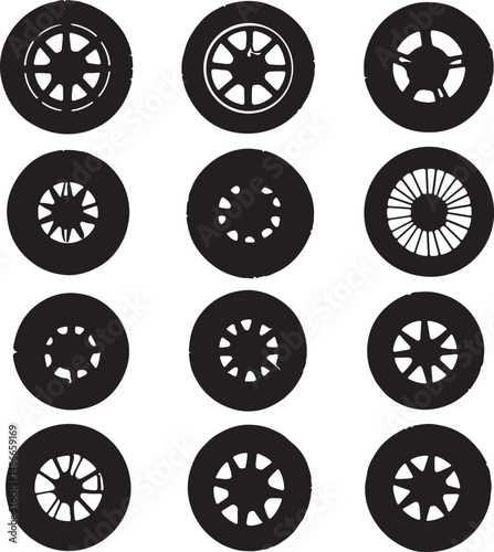 Black Car Wheel Rims Collection: Vector Illustrations, Tire Designs