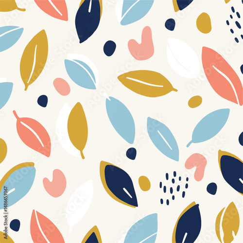 A cheerful, modern, and playful seamless pattern featuring abstract leaves, dots, and shapes in a palette of blue, coral, gold, white, and navy on a cream background.