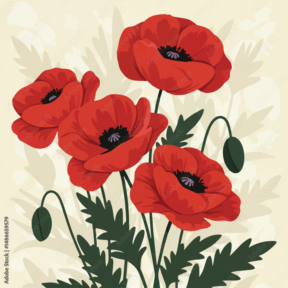 Fototapeta premium Illustration of vibrant red poppies with dark centers and green stems/leaves against a beige background with floral shadows. Bold, cheerful, and floral.