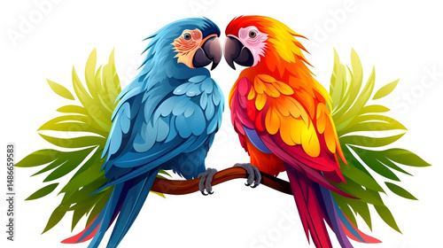 Colorful and vibrant cartoon vector illustration of a beautiful parrot couple in love