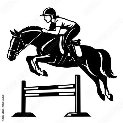 Equestrian jumping over obstacle on horse in black and white illustration
