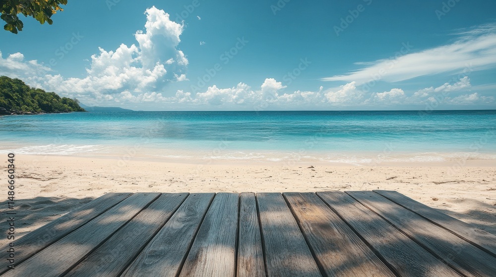 Fototapeta premium Quiet empty table on a tropical beach, golden sand, and calm blue water in the distance 
