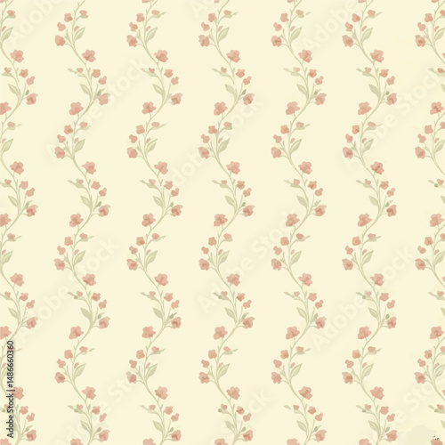 A repeating pattern of thin, winding floral vines with small pink flowers and green leaves against a light yellow background. Delicate and vintage style.