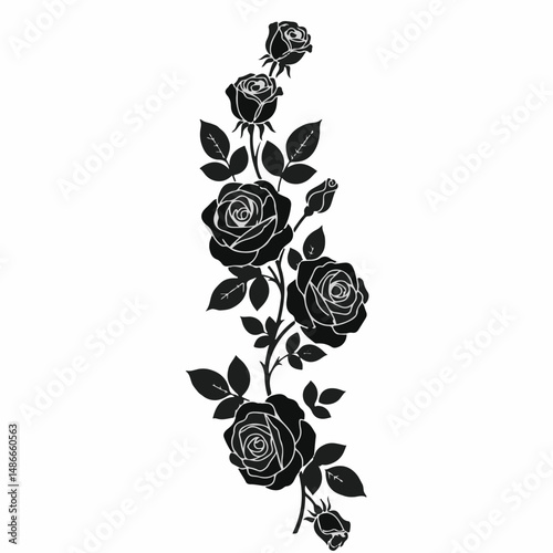 A black and white vector illustration of a rose vine. The vine has several blooming roses and leaves, arranged in a vertical, slightly curved design.