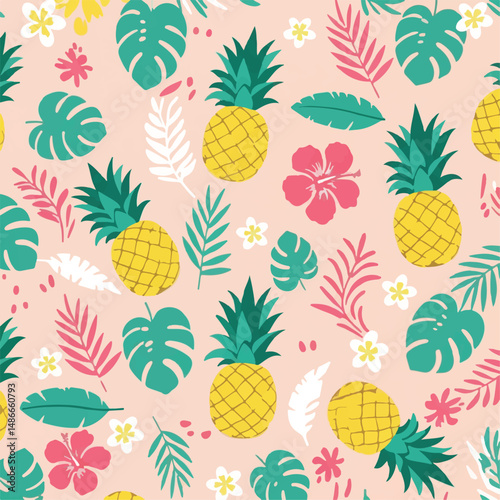A colorful, repeating pattern with pineapples, hibiscus flowers, monstera leaves, and palm fronds against a light peach background, evoking a tropical, summery vibe.
