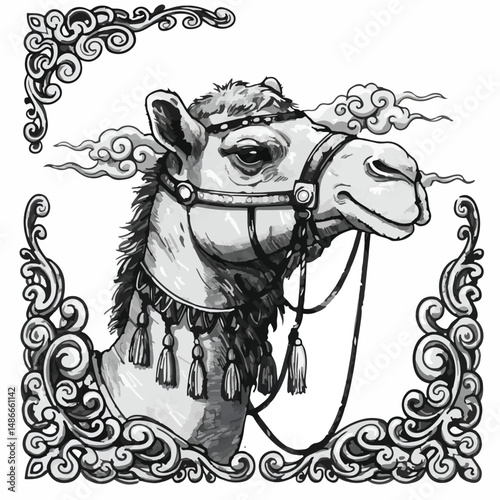 Detailed black and white illustration of a camels head and upper torso, adorned with ornate tack, framed by swirling patterns and clouds.