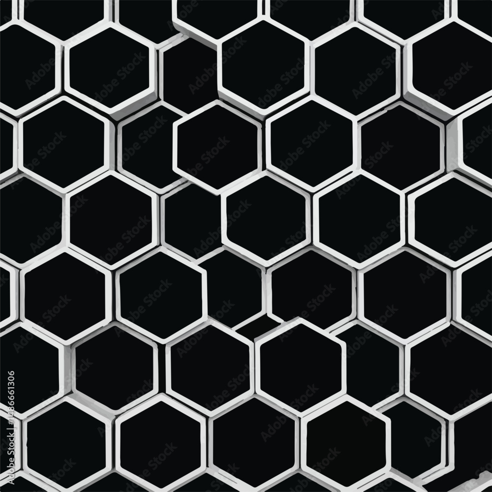 Honeycomb pattern of white hexagons on a black background. Creates a repeating, abstract geometric design. Honeycomb pattern of white hexagons on a black background. Creates a repeating, abstract geometric design.