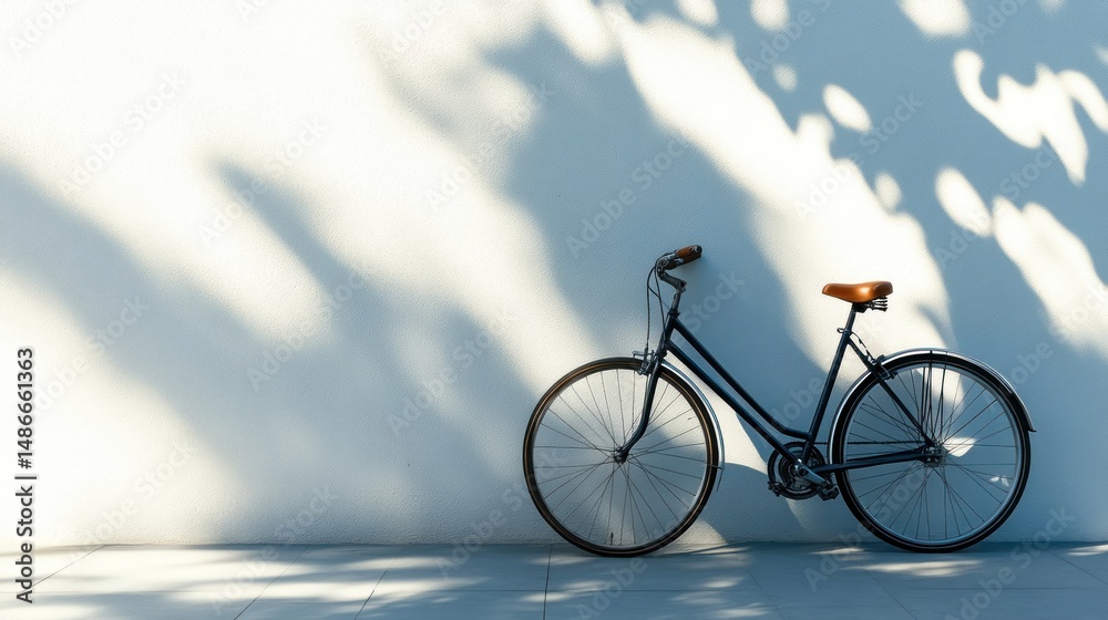 Fototapeta premium Dark bicycle leaning on wall with sunlight shadow